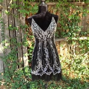 Terani Couture black and white beaded short dress